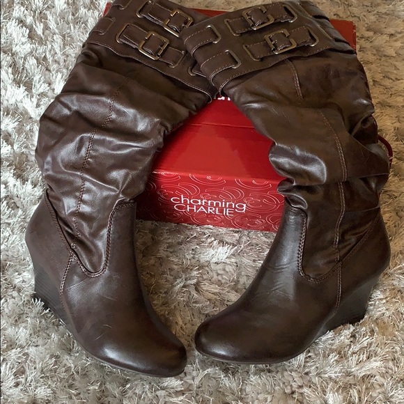 NIB Charming Charlie Tall Brown Wedge-heeled Boots - Picture 4 of 8